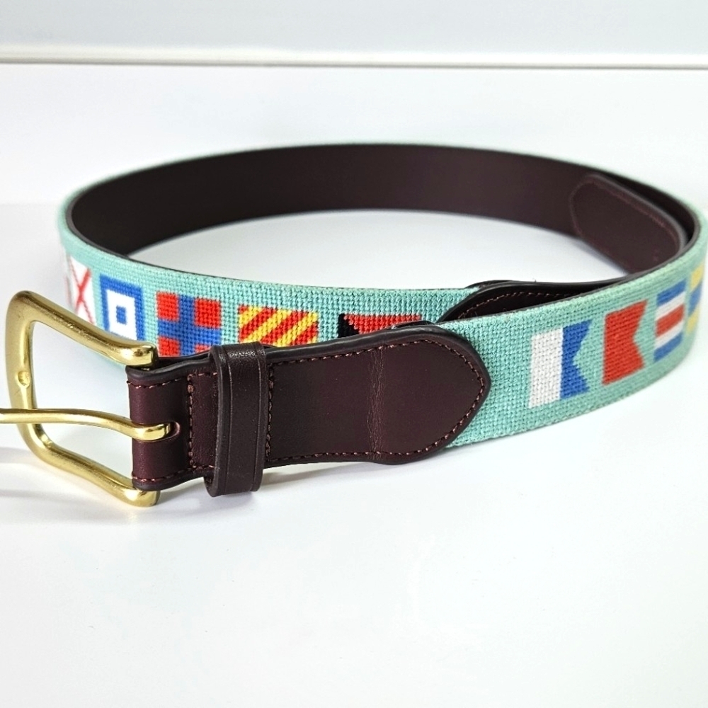 Harding Lane Nautical Flag Handmade Needlepoint Belt Mint Green Leather Men's 36